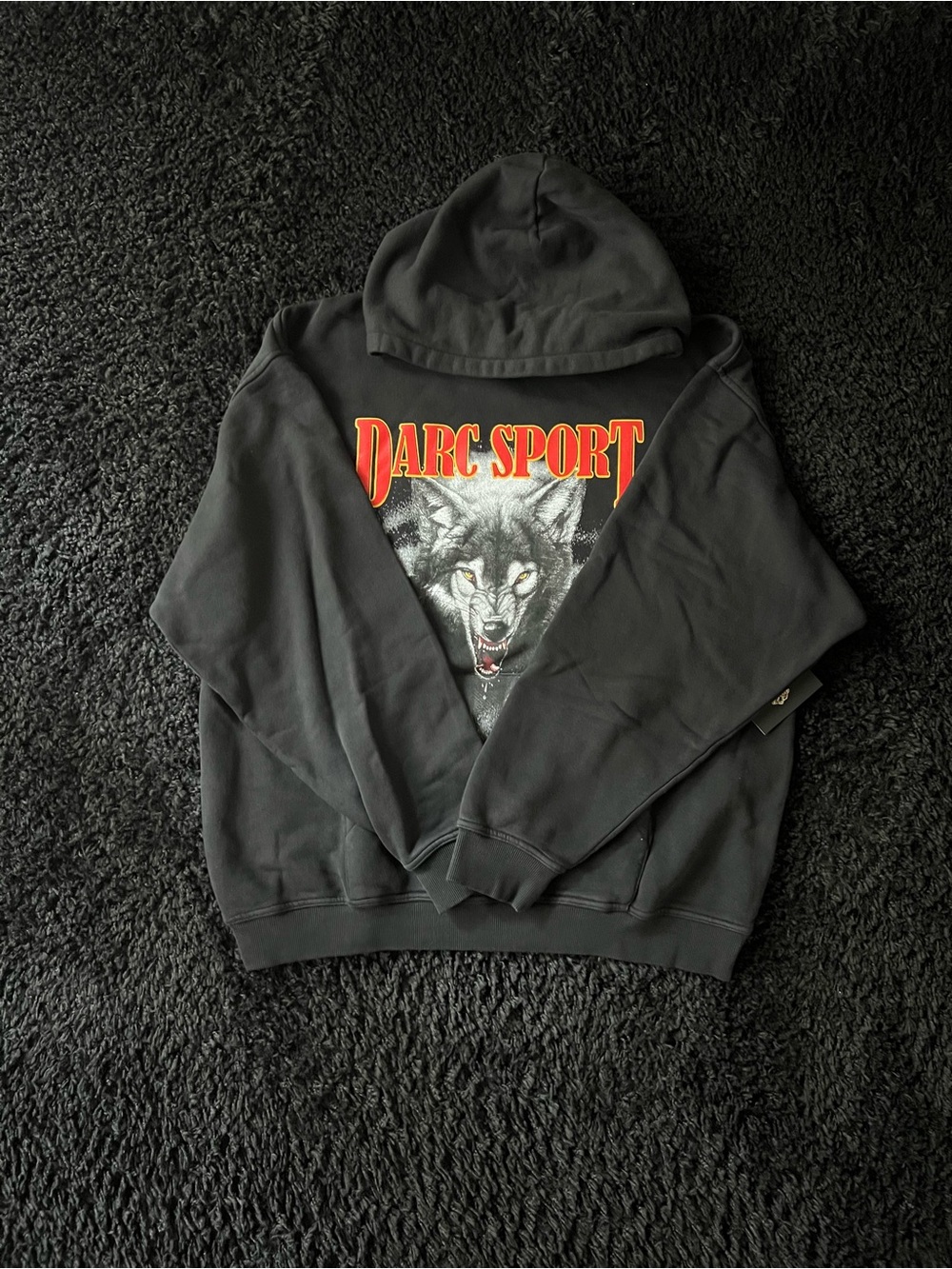 Darc Sport Black Crewneck Hoodie with Wolf Graphic and Red Logo